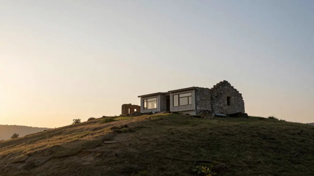 Distant hillside ruin with sunrise over renovated rental exterior