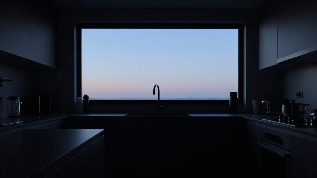 Faraway view of a modernized kitchen silhouette at twilight