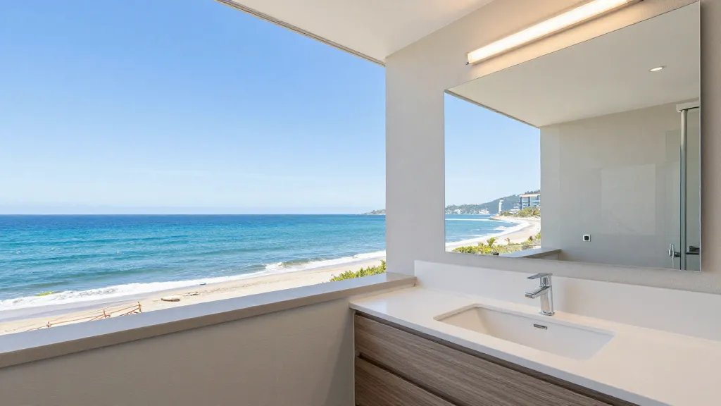 Expansive coastline overlooking updated bathroom facade from afar