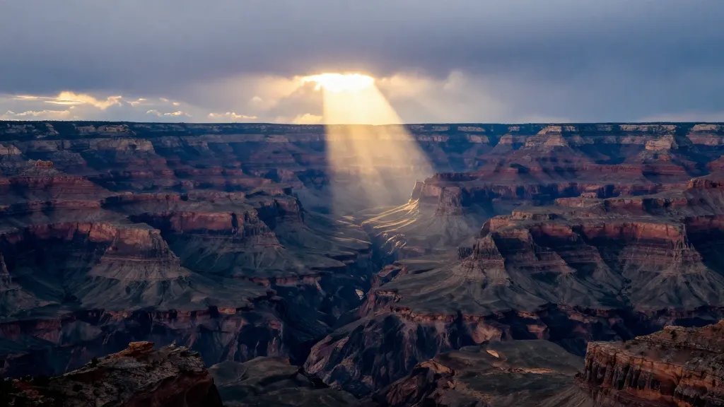 Distant landscape: pristine canyon with bold pendant lights glow in distance