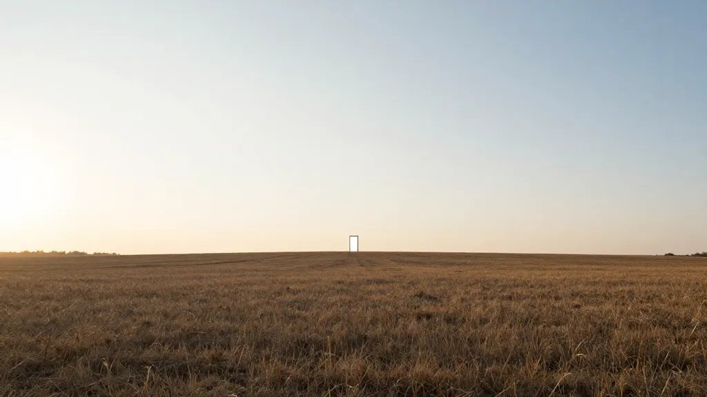Distant landscape: expansive open-plan renovation glow, single doorway at horizon