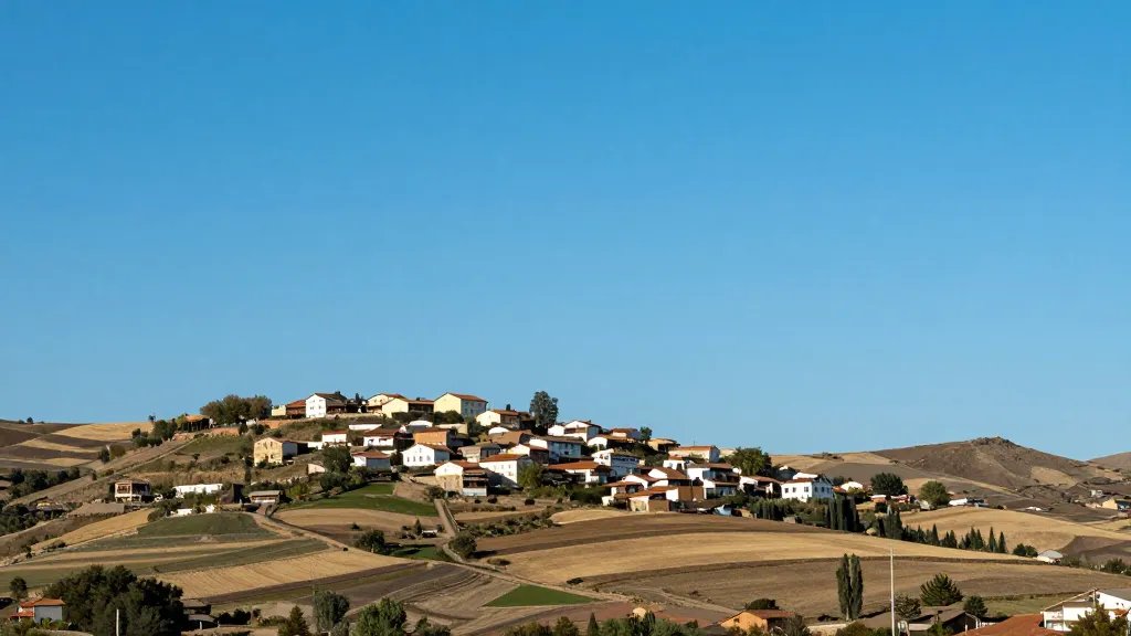 Distant view of a sunlit hillside village under clear blue sky