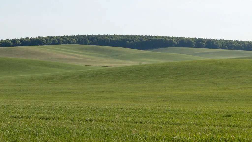 Wide-angle shot of rolling fields leading to a distant forested ridge