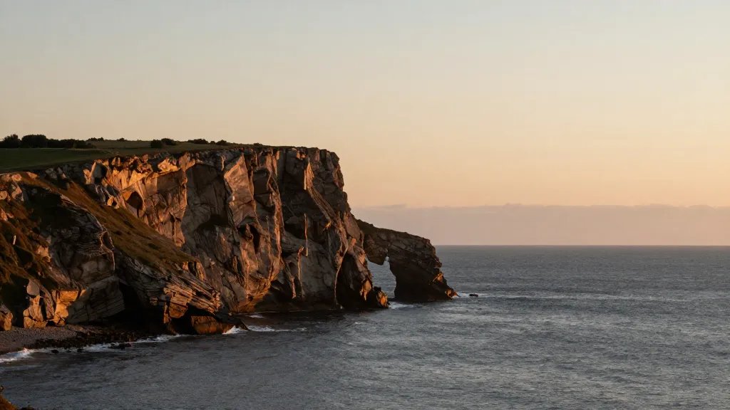 distant coastal cliff with sunset light