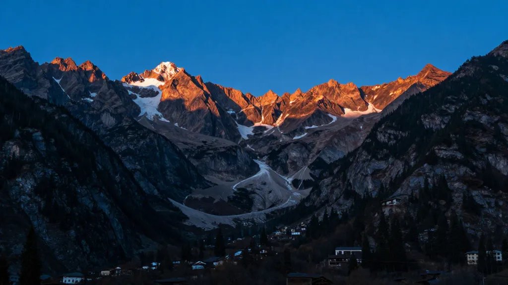 alpine valley basin at blue hour glow
