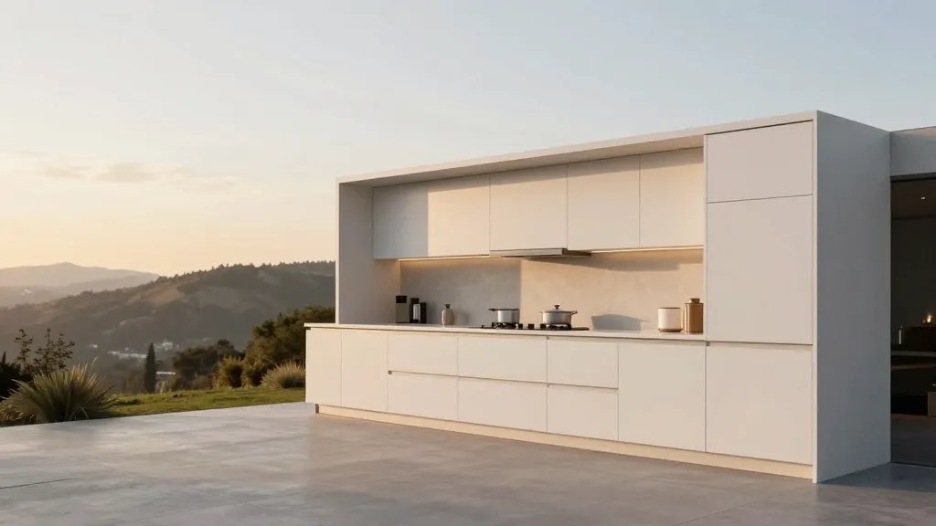 Distant view of a pristine modern kitchen renovation on a hillside, sunset light