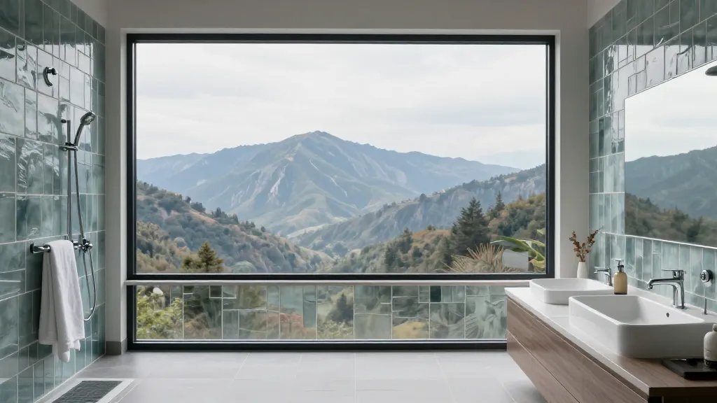 Quiet, elevated look at a luxury bathroom remodel glass tile panorama, distant mountains behind