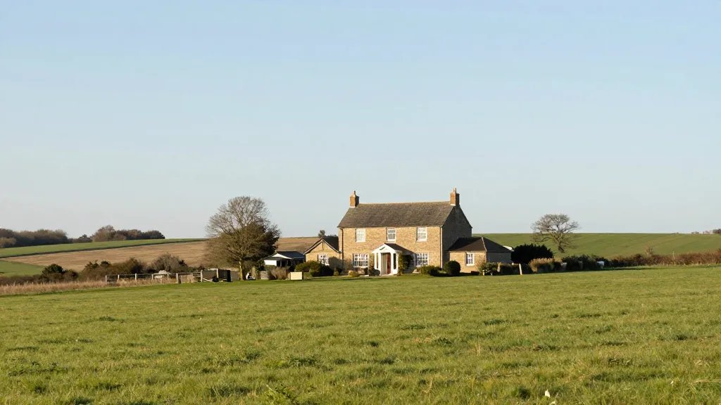 Distant landscape of a sunlit countryside estate with a refurbished buy-to-let exterior