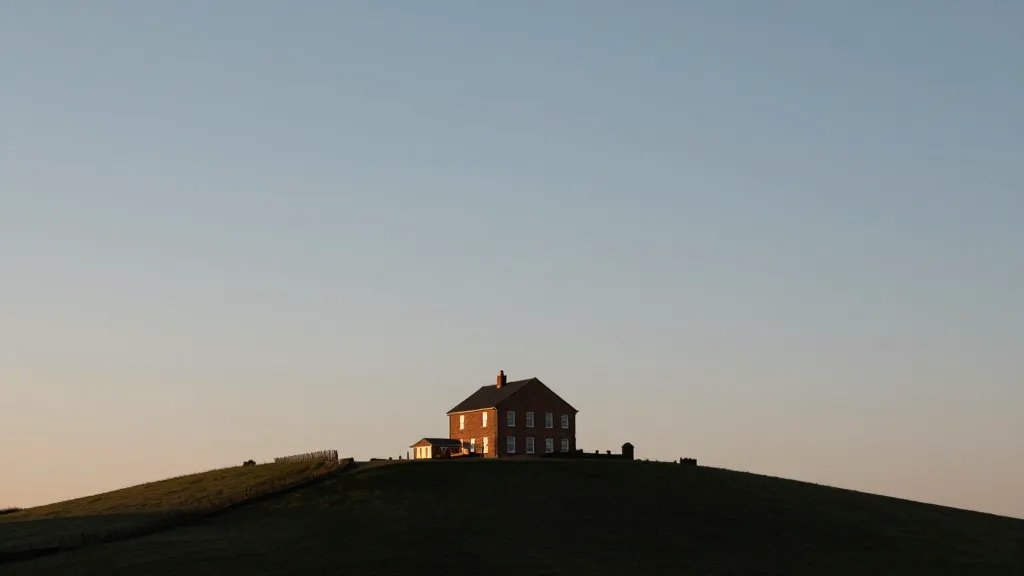 Distant view of a hilltop brick house under dawn light
