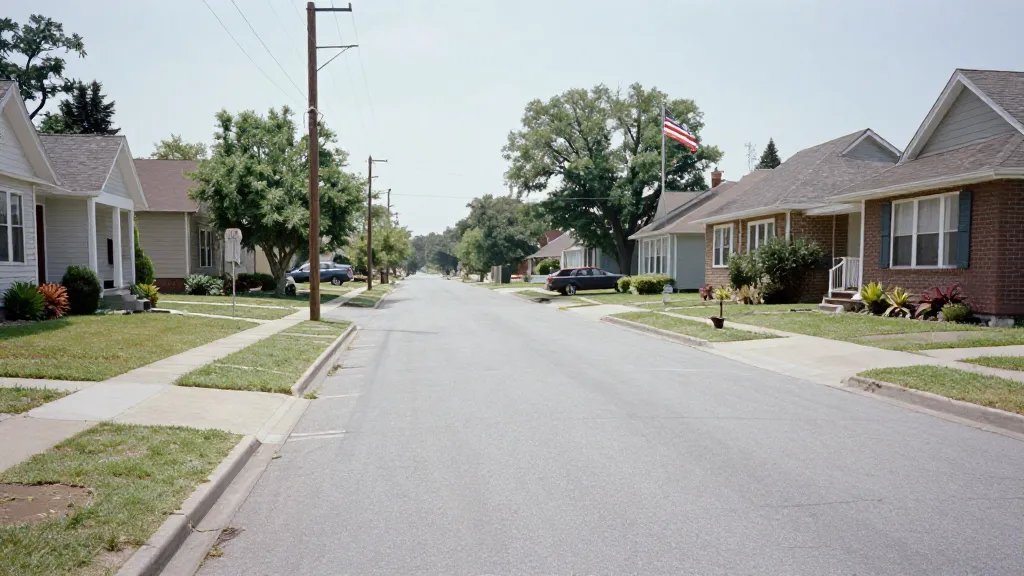 Wide shot of a midcentury fixer on a quiet neighborhood street