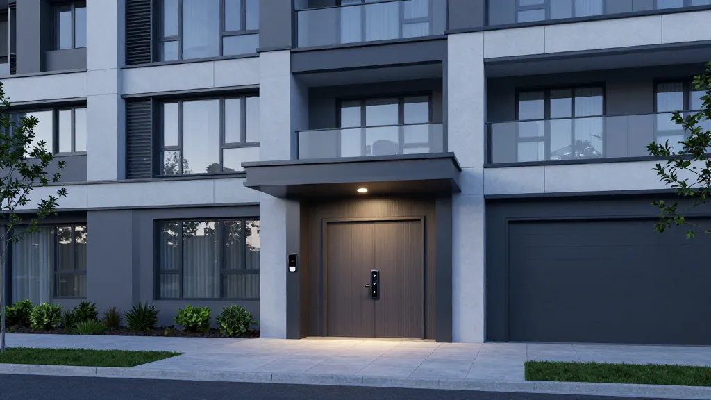 Distant view of a modern apartment building with a prominent smart-lock entry at dusk