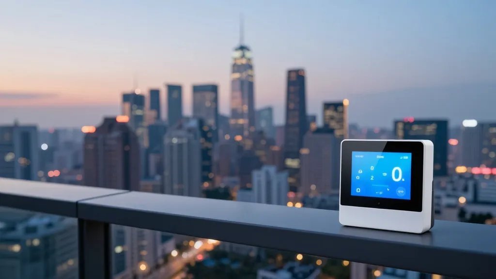 Wide shot of a skyline with a single illuminated smart thermostat display on a balcony