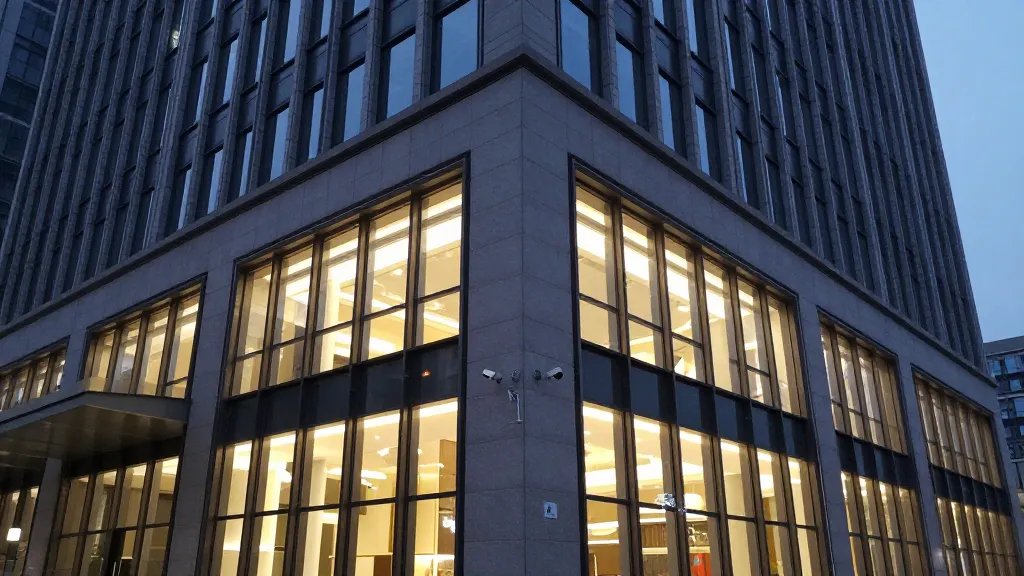Expansive exterior of a building showing LED-lit windows and security cameras at twilight