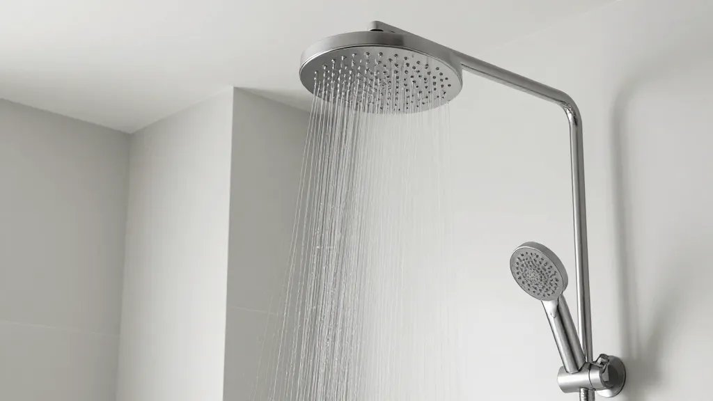 distant view of modern bathroom with a rain shower head in daylight