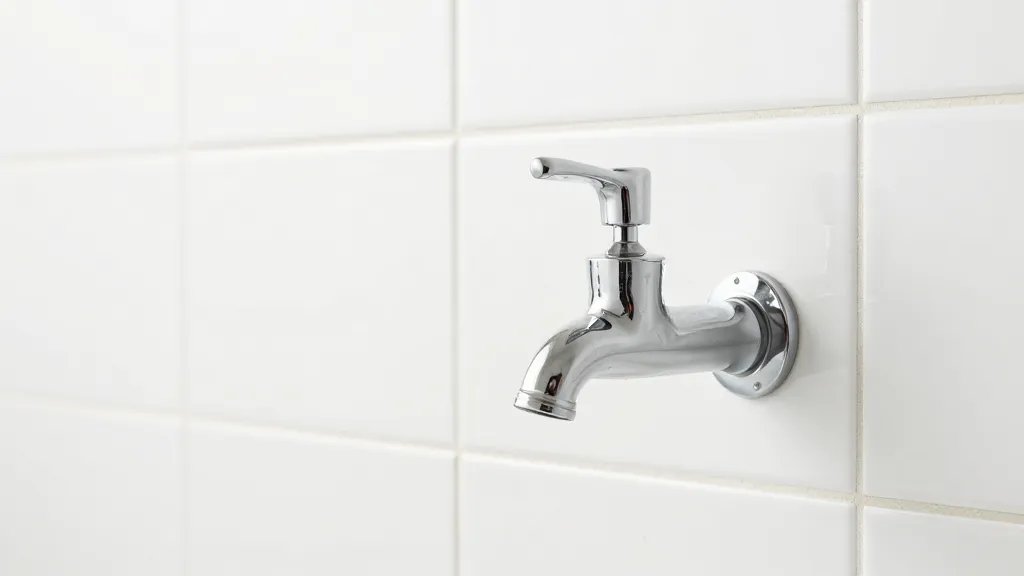 distant landscape of a glass aerated faucet against pristine tile backdrop