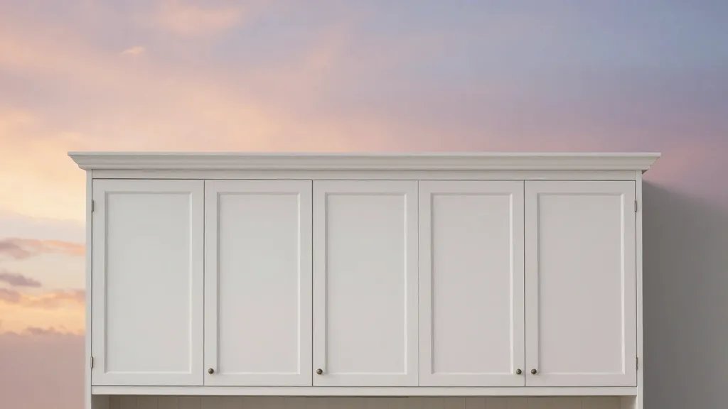 Distant view of a timeless white kitchen cabinetry exterior against a sunset sky