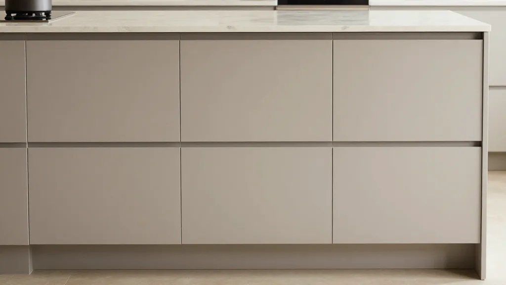 Wide-angle distant shot of neutral-toned kitchen island with deep drawers from afar