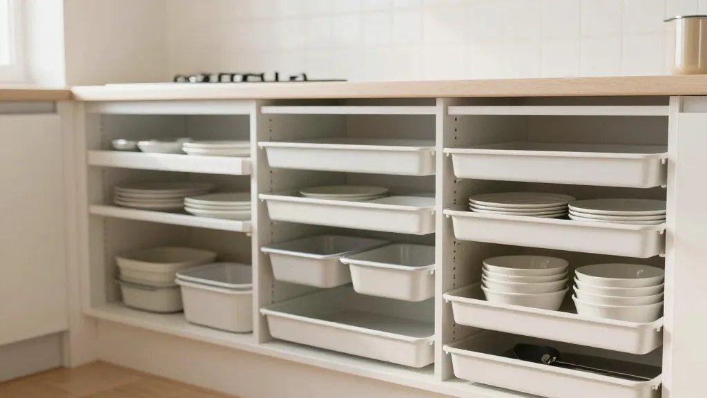 Expansive distant scene of organized kitchen storage with pull-out shelves, soft morning light