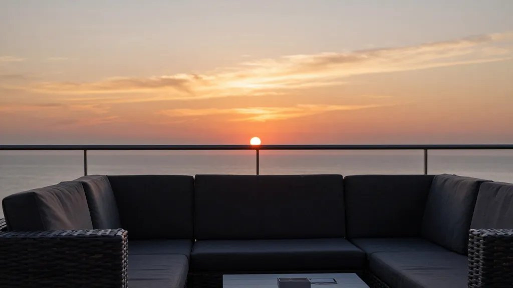 Distant sunset view over a balcony lounge area with a deep outdoor sofa