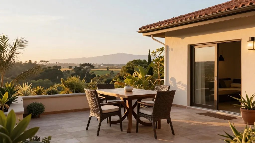 Wide shot of a dining nook on a courtyard patio at golden hour