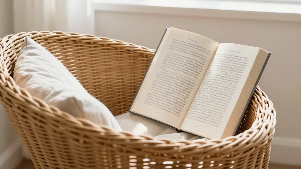 Panoramic overlook of a sunlit reading corner with a wicker chair and soft textiles