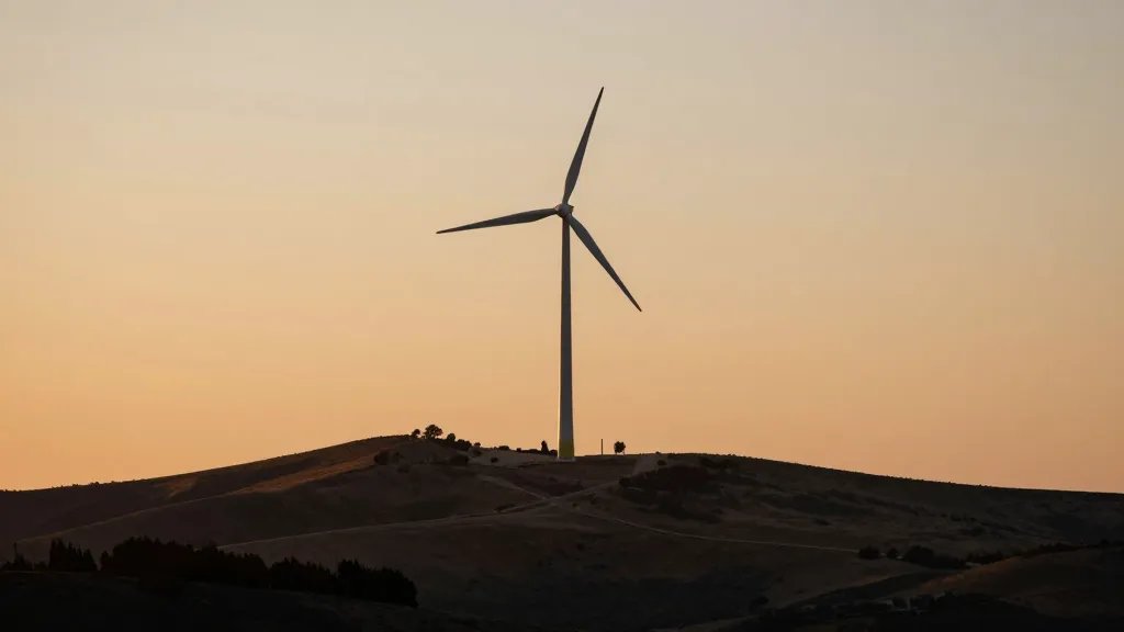 Distant hillside wind turbines gleaming at sunset, single subject landscape