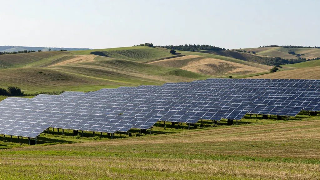 Expansive rolling fields with solar panels glinting, distant shot