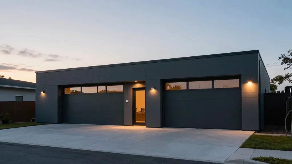 Distant view of a modern garage-conversion exterior at dusk