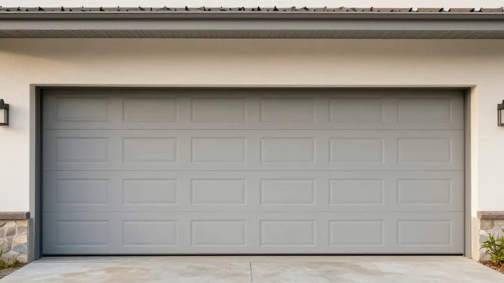 Wide-angle shot of a renovated garage facade with soft lighting