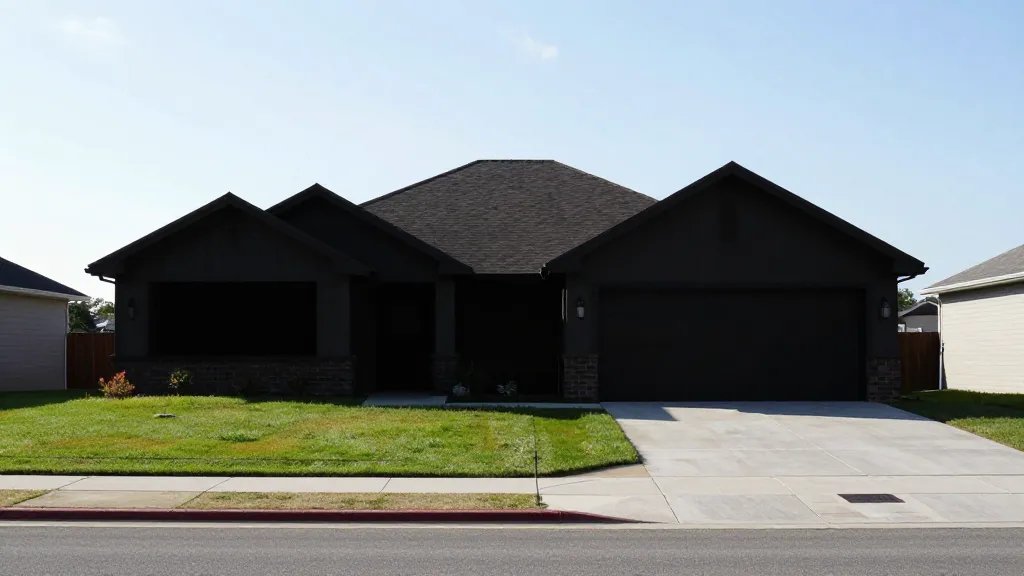 Expansive landscape showing a suburban property with a transformed garage silhouette