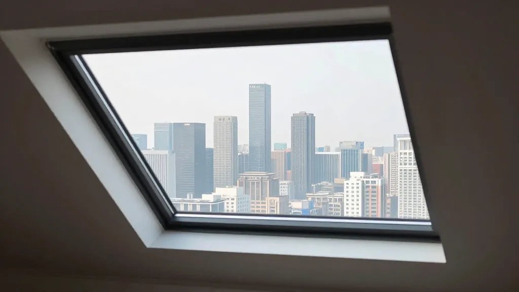Distant view of a modern attic loft window overlooking city skyline