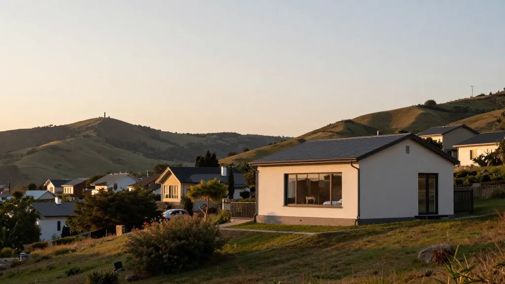 Distant hillside townhouse with a newly built bedroom addition in soft sunset light