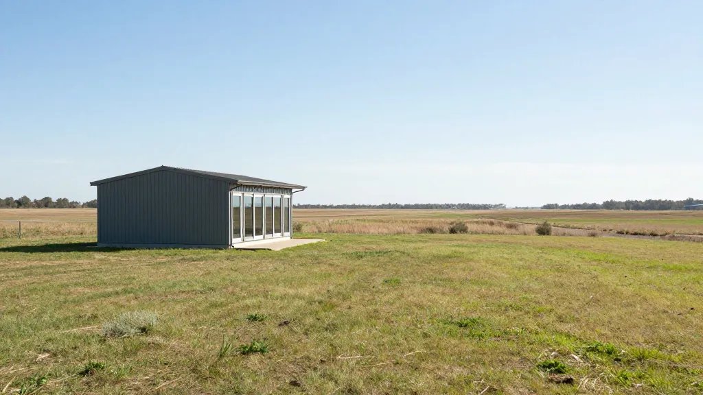 Expansive suburban lot showing a compact guest room extension against the horizon