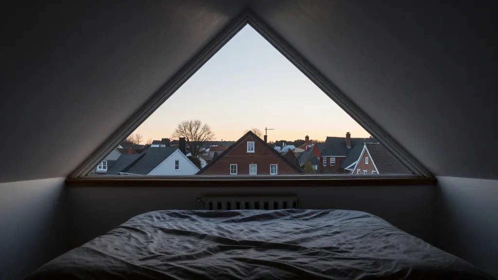 Wide-angle view of a renovated attic bedroom silhouette atop a quiet neighborhood