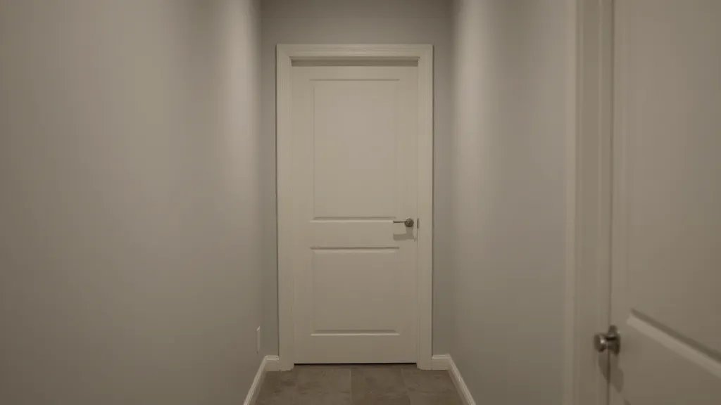 Distant shot of soft gray-warm toned hallway leading to white trim doors