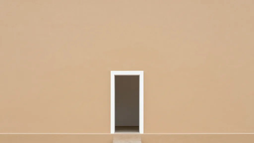 Distant landscape featuring a lone, bright white interior doorway against warm beige walls