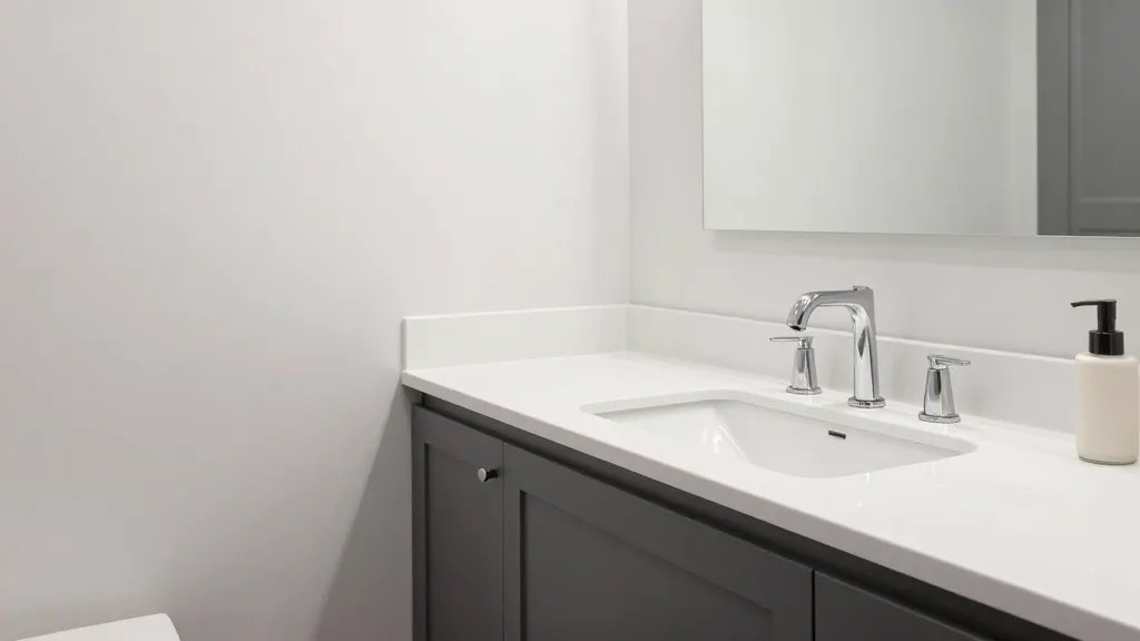 Wide view of a refreshed bathroom with sleek fixtures and durable surfaces