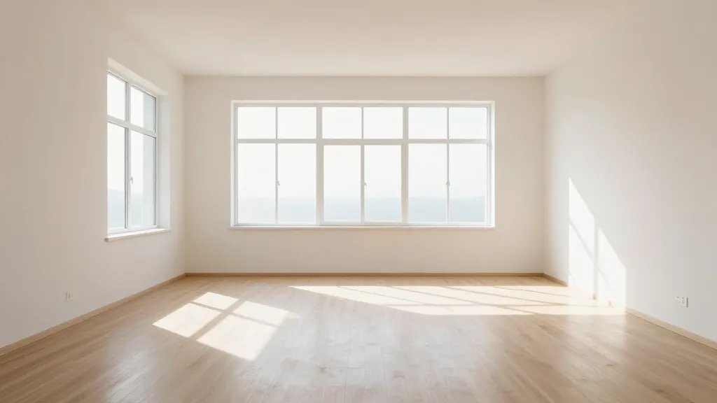 Distant view of a pristine empty living room with sunlit windows