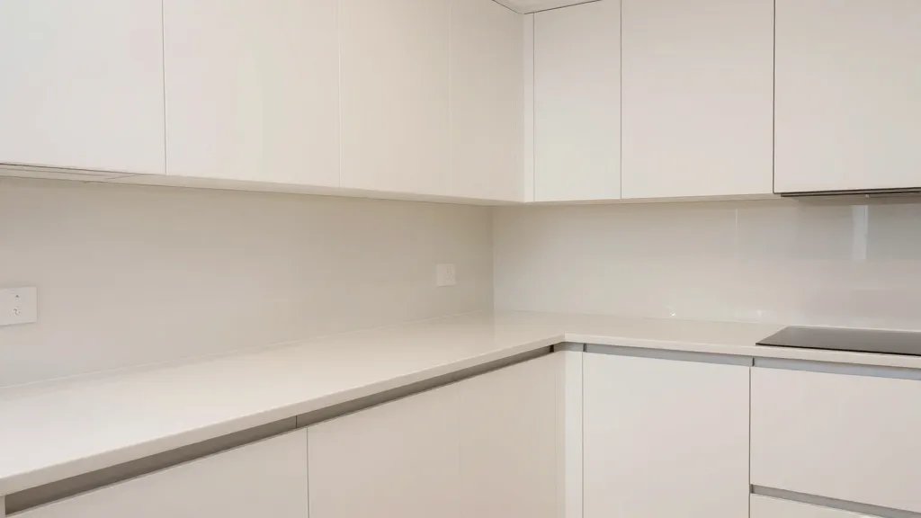 Wide-angle shot of untouched spotless kitchen with gleaming countertops