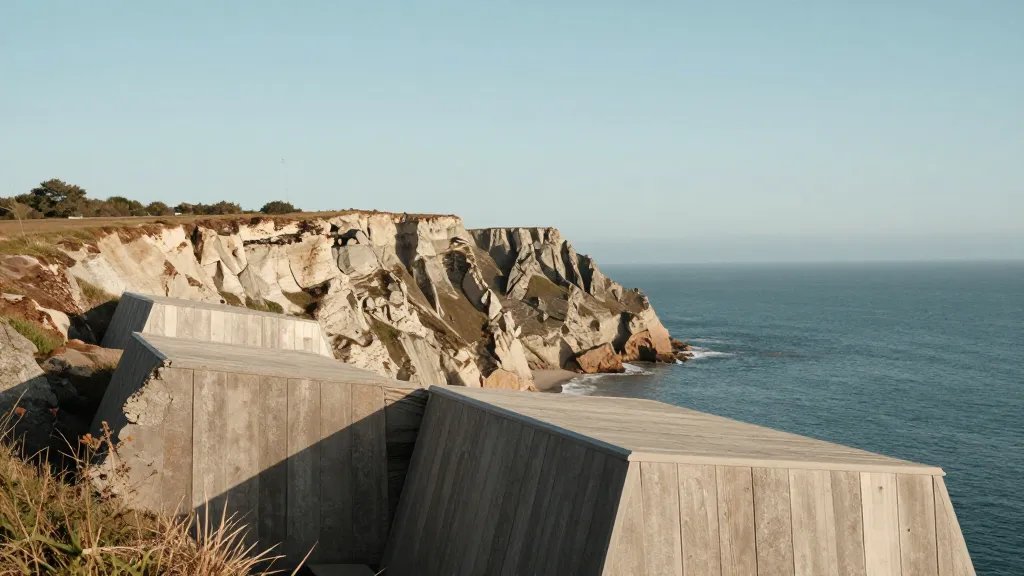 Distant view of a sunlit coastal cliff with durable, neutral-toned rental-friendly materials on the foreground ridge