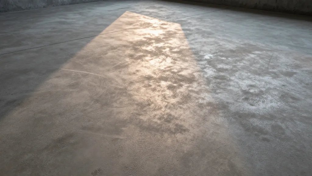 Wide view of a basement concrete floor with moisture-resistant finish illuminated sunset