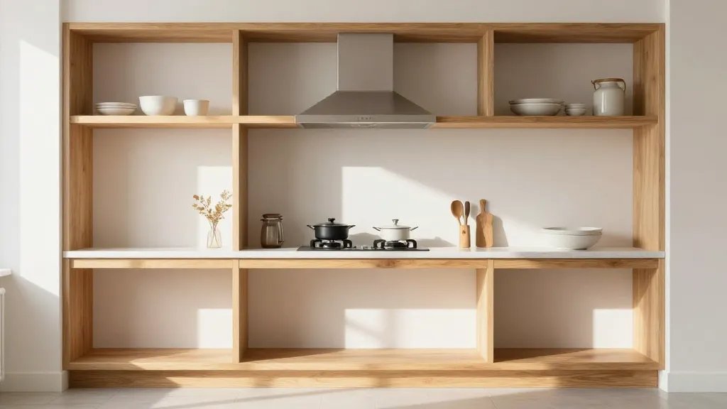 Distant view of a sunlit renovated kitchen with open shelving