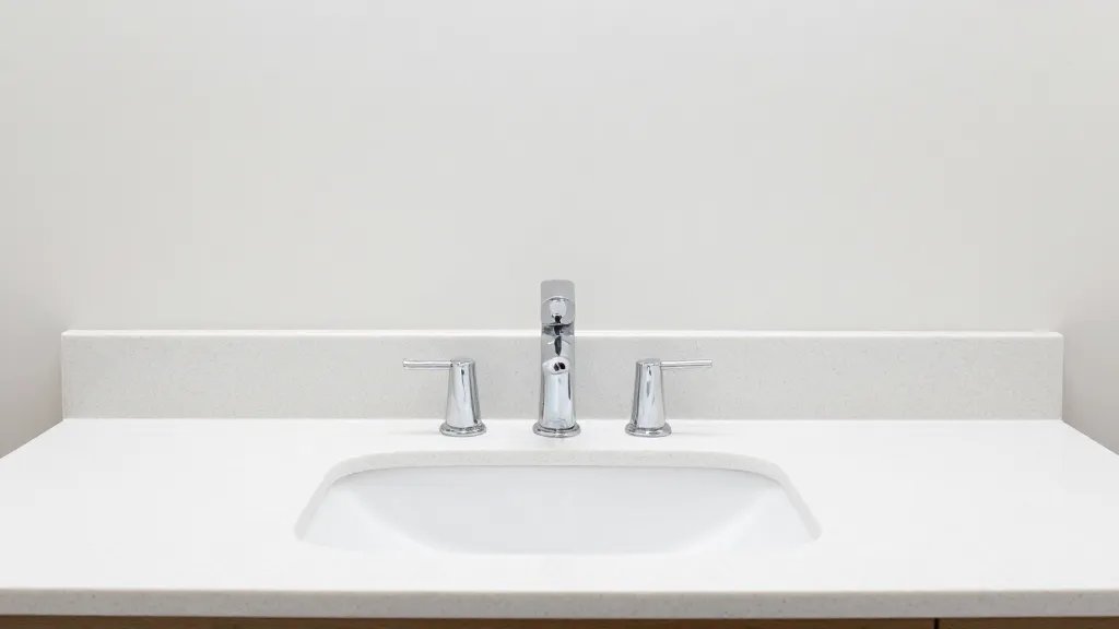 Distant view of a bright, refreshed bathroom with clean quartz countertop