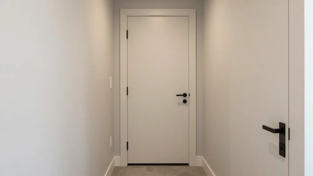 Distant view of an inviting entryway with a fresh coat of neutral paint and modern hardware