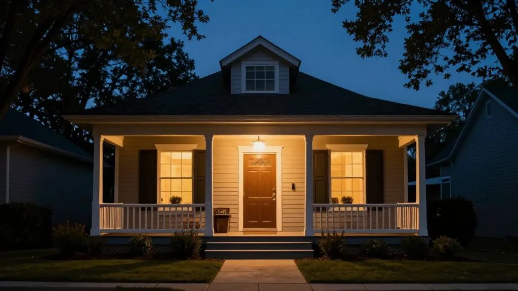 Distant view of a welcoming front porch with warm lighting at dusk