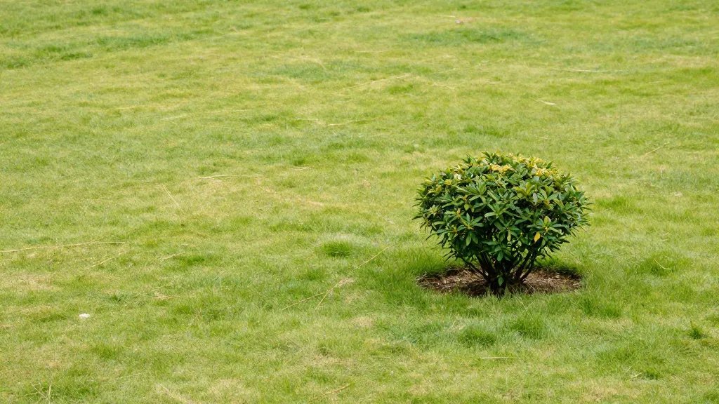 Distant landscape of a pristine entryway garden with a single low-maintenance shrub