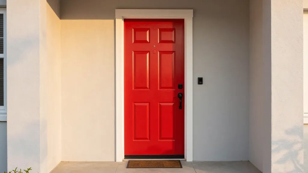 Distant shot of a bold front door with fresh paint and clean entryway pathways at sunset