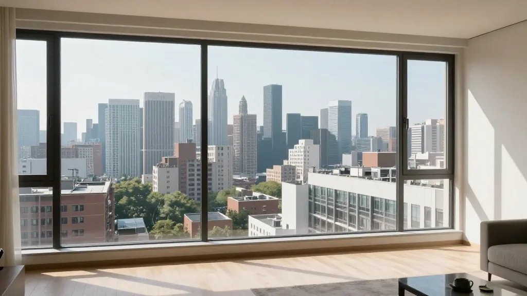 Distant view of a sunlit, furnished apartment overlooking a city skyline