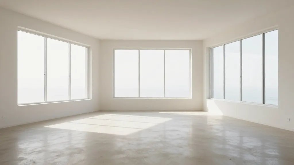 Faraway shot of a minimalist unfurnished living room with big windows and daylight