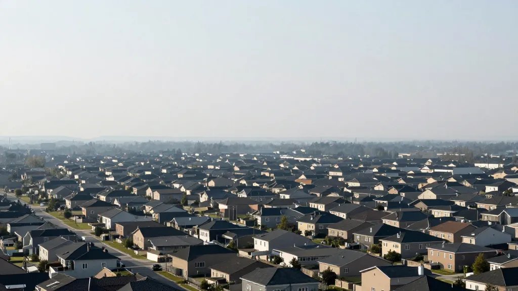 Wide-angle distant landscape of a serene neighborhood with uniform, empty interiors